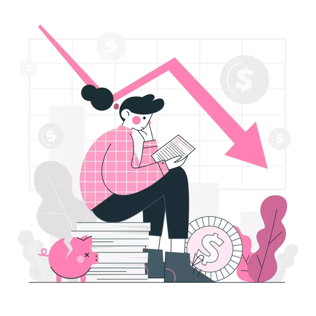 Ilustração representando a redução de salário de uma empregada doméstica, com pessoas analisando gráficos e moedas, simbolizando cortes de custos.