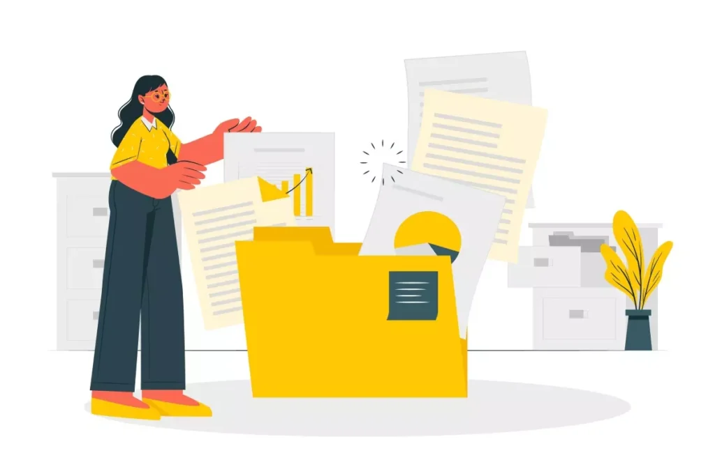 Ilustração de uma mulher organizando documentos para regularizar a guia do eSocial doméstico em atraso, com pasta amarela e papéis ao redor.