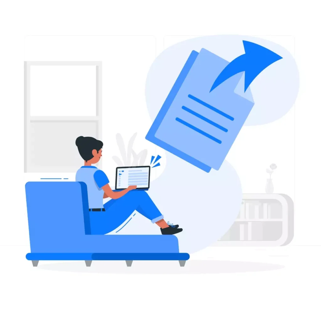Ilustração de uma mulher sentada no sofá usando o laptop, com uma folha de papel sendo enviada digitalmente, simbolizando a regularização da guia DAE do eSocial doméstico em atraso.