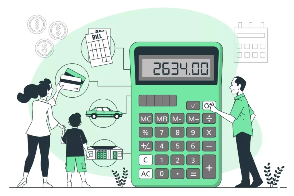 Ilustração explicativa do salário-família proporcional para a doméstica, com uma calculadora e símbolos de despesas domésticas, como contas, carro, e casa.
