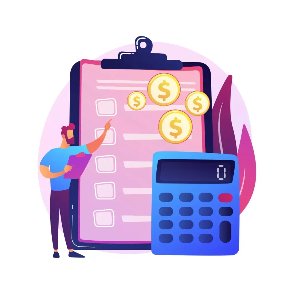 Ilustração de cálculos relacionados ao salário-família proporcional para doméstica, apresentando uma calculadora, uma lista e moedas de dinheiro, destacando a importância de cálculos corretos para benefícios sociais.