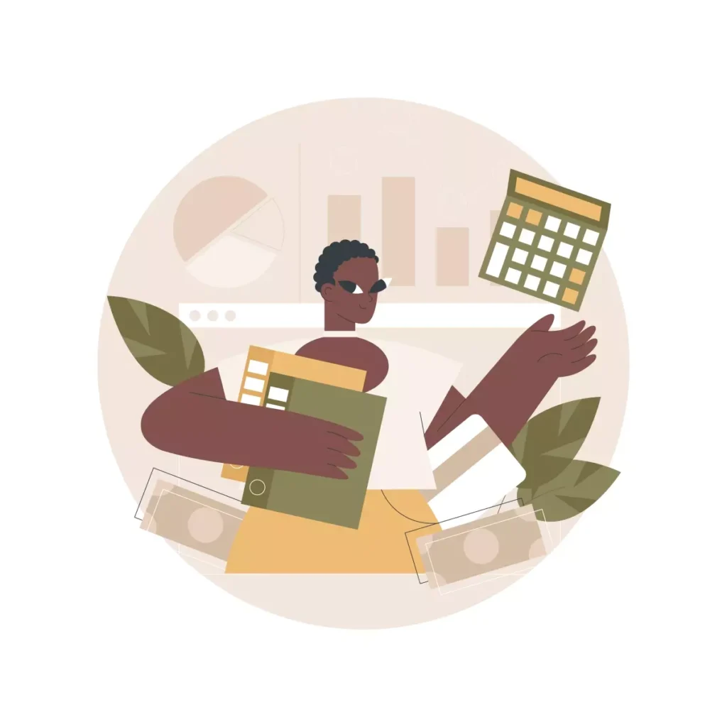 Ilustração representando desafios financeiros e a redução de jornada e salário de doméstica em 2021, com elementos como computadores, gráficos e dinheiro.