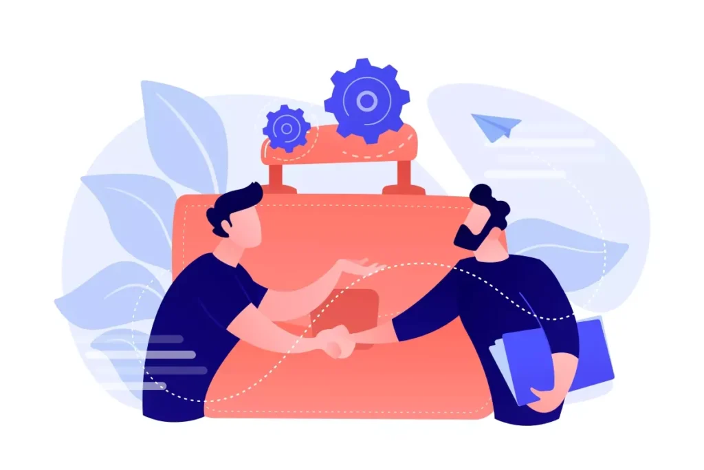 Ilustração de duas pessoas trocando um aperto de mão, simbolizando a assinatura de termo de rescisão no emprego doméstico, com elementos de contratos e gears ao fundo.