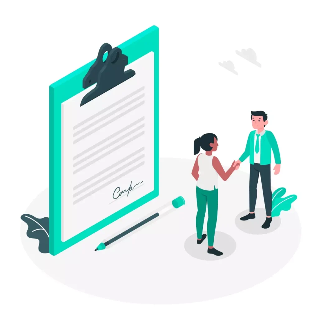 Imagem ilustrativa de um termo de rescisão no emprego doméstico, com duas pessoas apertando as mãos, simbolizando o encerramento do contrato de trabalho.