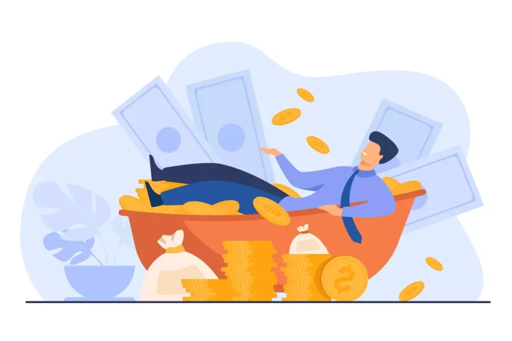 Ilustração de uma pessoa com uma corrente de moedas de ouro no caixa, simbolizando vantagem de adiantamento de salário no eSocial doméstico.