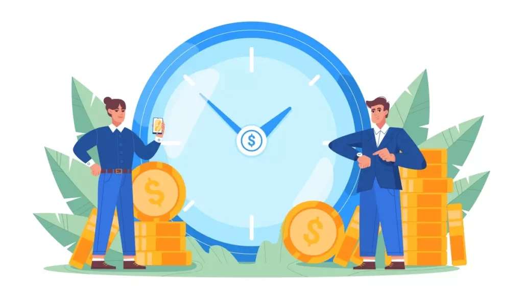Ilustração explicando o banco de horas negativo no emprego doméstico, com dois funcionários ao lado de um relógio de parede e pilhas de moedas ao redor.