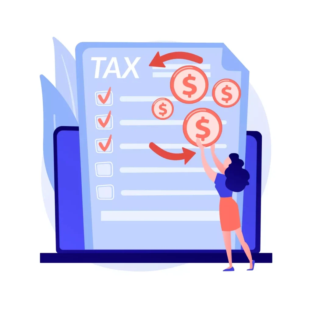 Ilustração de uma mulher ajustando uma lista de imposto de renda, com destaque para simbolismos de dinheiro e desconto de imposto de renda no salário da empregada doméstica.
