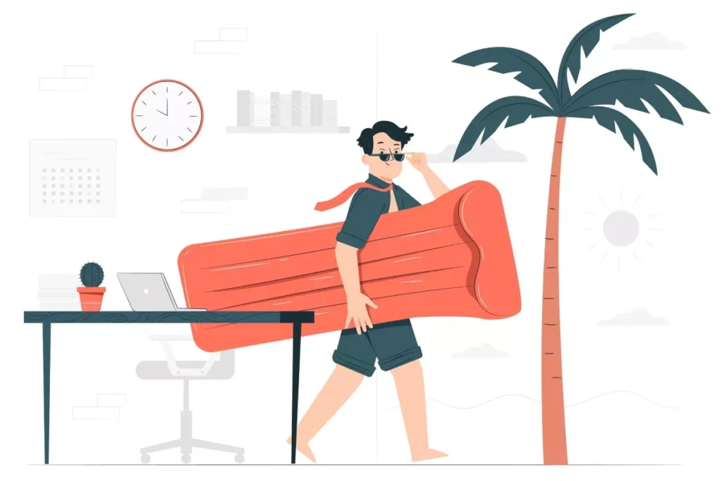 Ilustração de uma empregada doméstica levando uma maca, simbolizando suas férias, com cenário de escritório ao fundo e clima de descanso.