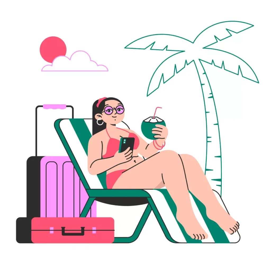 Ilustração de uma mulher relaxando na praia de férias, usando biquíni, com maleta, malas e coqueiro ao fundo, representando férias de empregada doméstica.