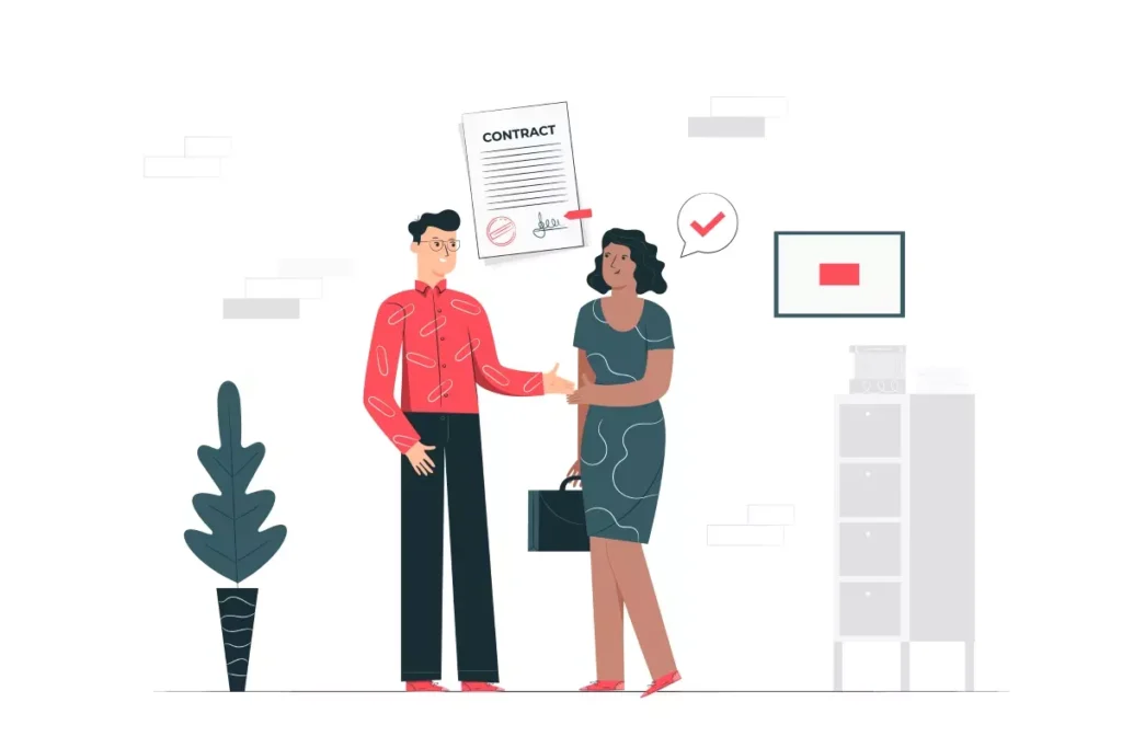 Imagem ilustrativa de acordo de suspensão de contrato para empregada doméstica, mostrando um homem passando a documentação para uma mulher no escritório.