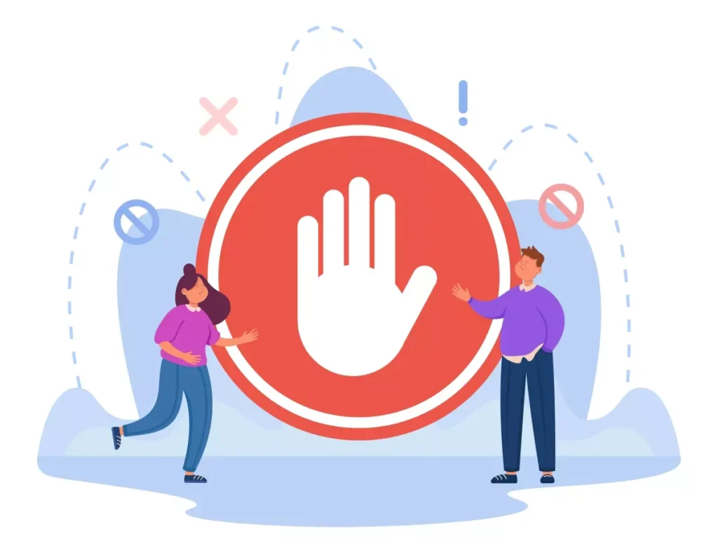 Ilustração sobre licença não remunerada no emprego doméstico, com uma grande mão de advertência ao centro e duas pessoas ao redor. Isso representa a importância de respeitar os direitos de descanso e licença não remunerada no trabalho doméstico.