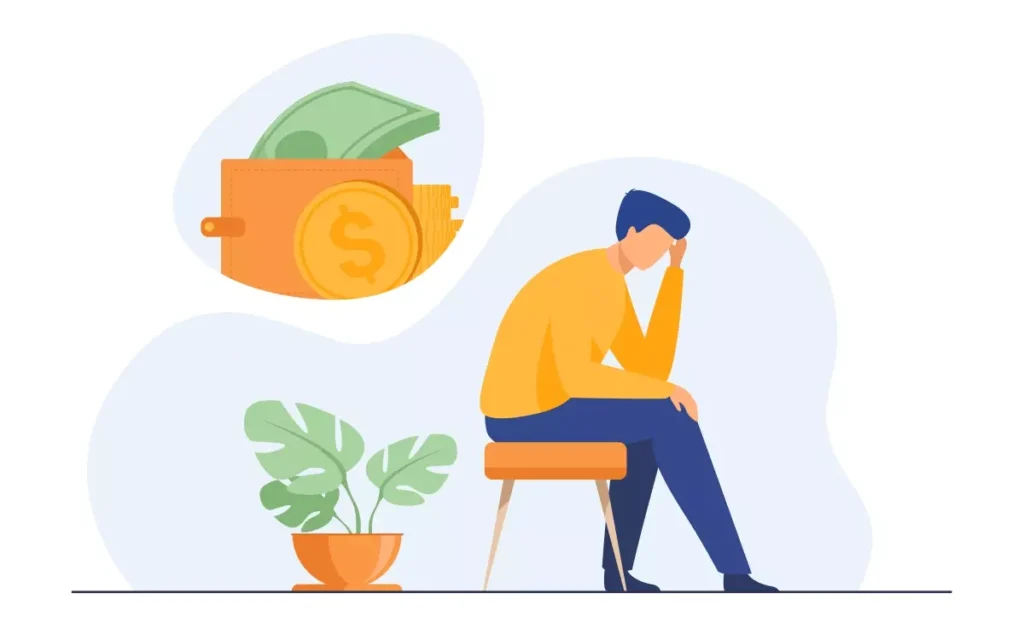 Ilustração de uma pessoa pensativa sentada, acompanhada de uma carteira com dinheiro e moedas, simbolizando as mudanças na pensão por morte no emprego doméstico.