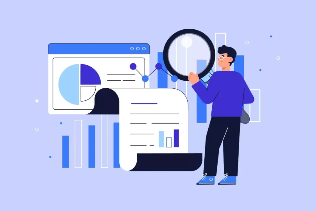 Ilustração de uma pessoa analisando dados e gráficos, simbolizando a conferência de informações enviadas ao eSocial doméstico.