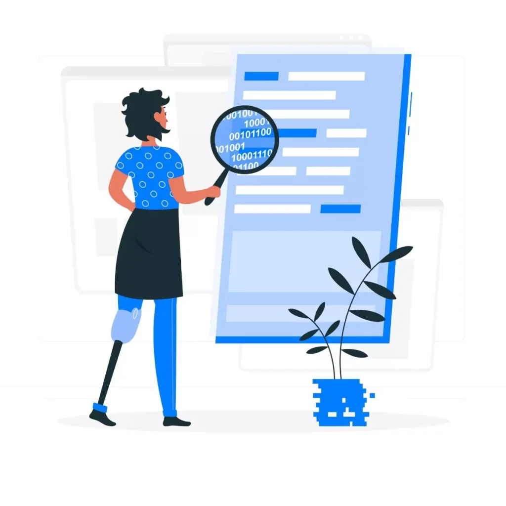 Ilustração de pessoa analisando documento digital sobre conferir dados enviados ao eSocial doméstico, com lupa e código binário.
