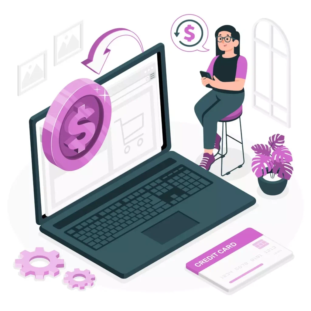 Ilustração de uma mulher usando o celular ao lado de um computador portátil, representando o pagamento do adicional noturno no eSocial doméstico durante a noite, com símbolos de dinheiro e cartão de crédito.