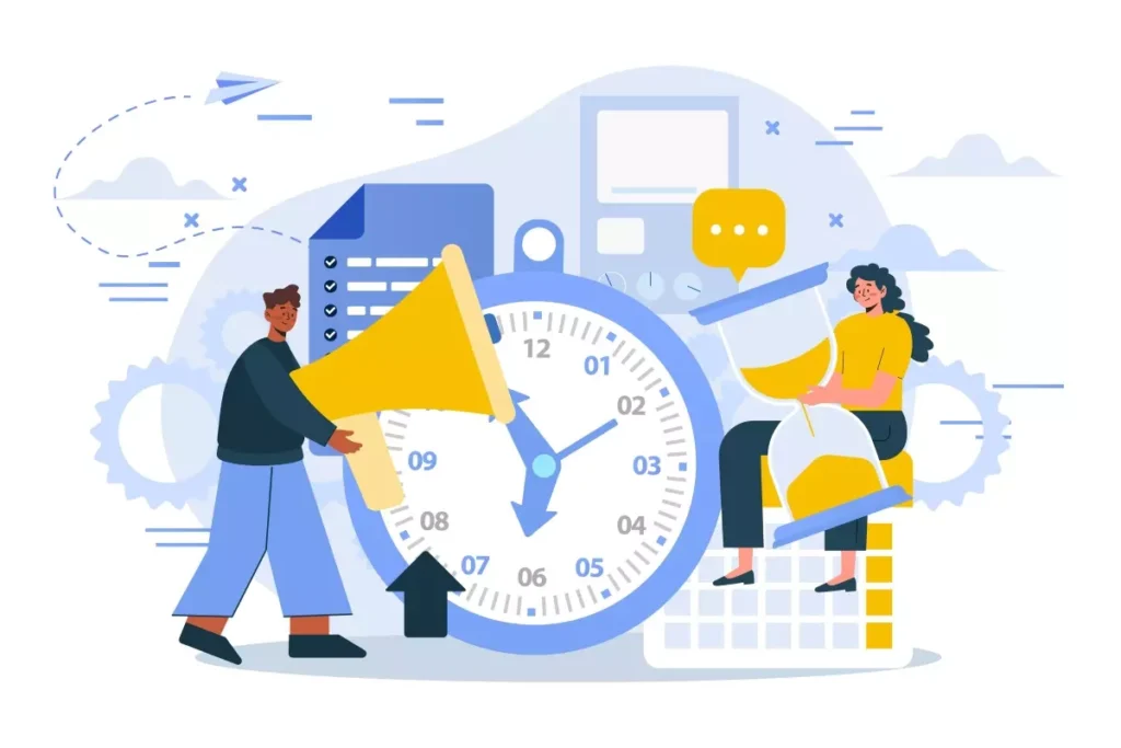 Ilustração de pessoas usando um relógio grande, indicando a importância da gestão do tempo na admissão retroativa no eSocial doméstico, com elementos de calendário e comunicação.