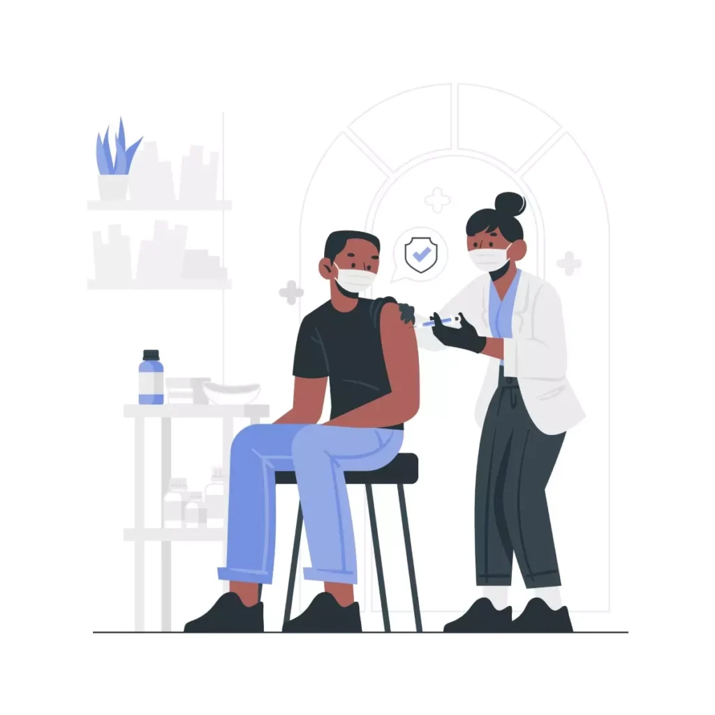 Ilustração de uma empregada de saúde aplicando vacina COVID-19 em uma pessoa, enfatizando a importância da vacinação no ambiente de trabalho, com destaque na possibilidade de demissão da empregada que não tomar a vacina contra a COVID-19.