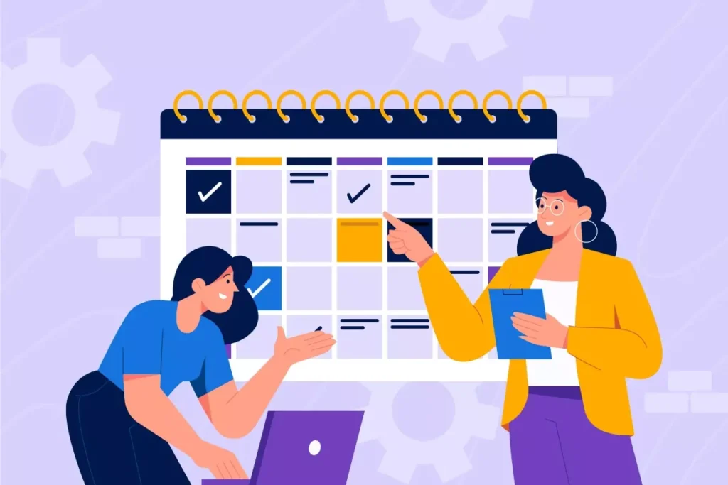Imagem ilustrativa sobre o feriado de 9 de julho no emprego doméstico, mostrando duas mulheres planejando uma agenda de trabalho com um calendário em uma parede.