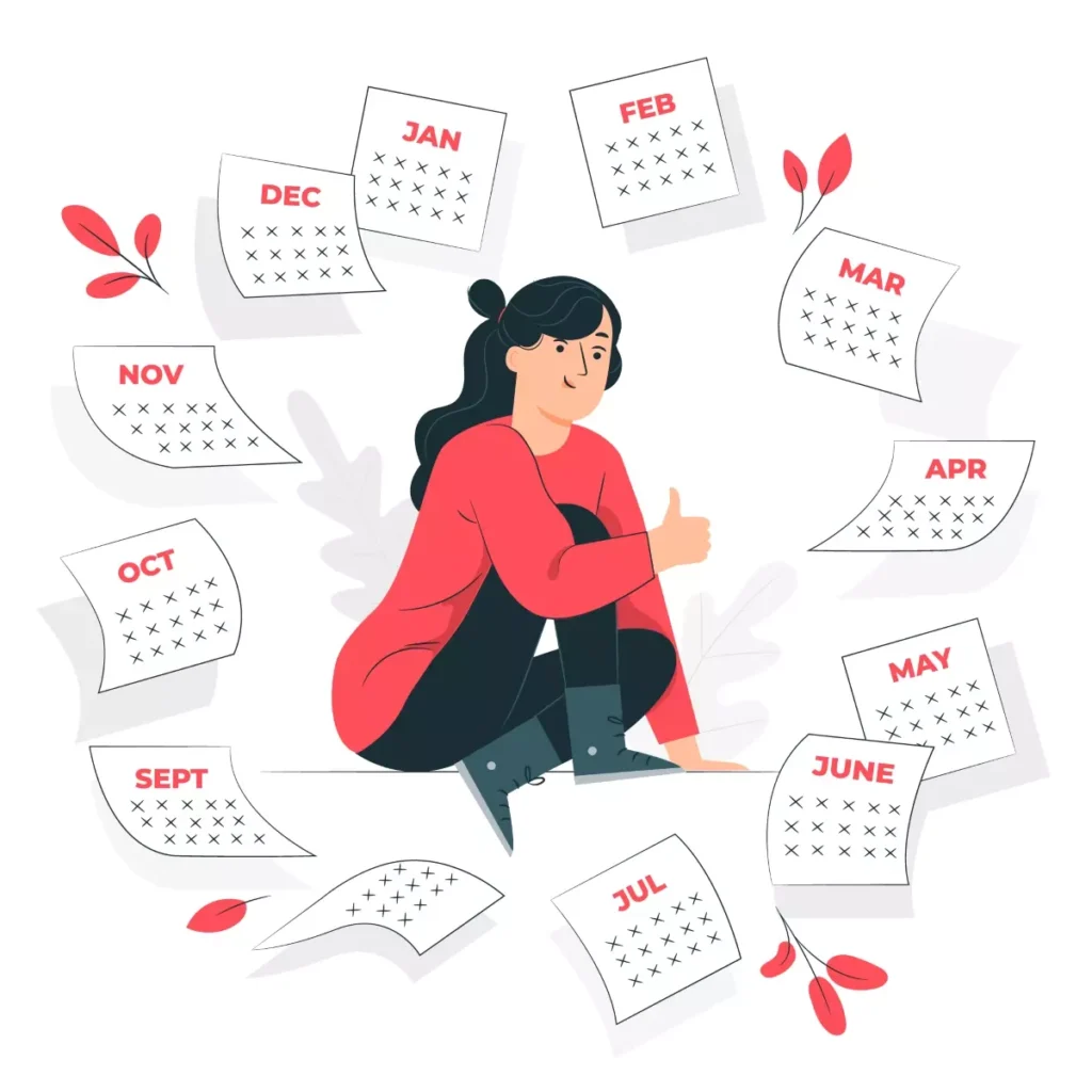 Ilustração de uma mulher sorridente rodeada por papéis com os meses do ano, destacando o mês de julho, representando o feriado de 9 de julho no emprego doméstico.
