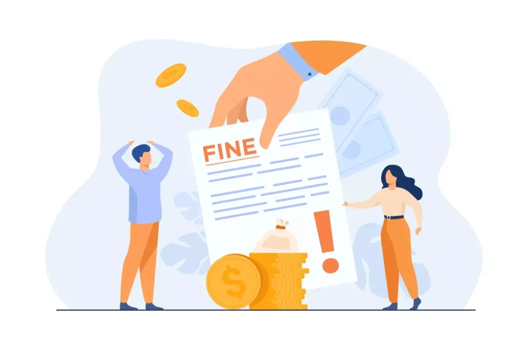 Ilustração de uma multa por atraso de salário de doméstica, mostrando uma mão segurando uma notificação de multa, moedas, dinheiro e pessoas preocupadas.