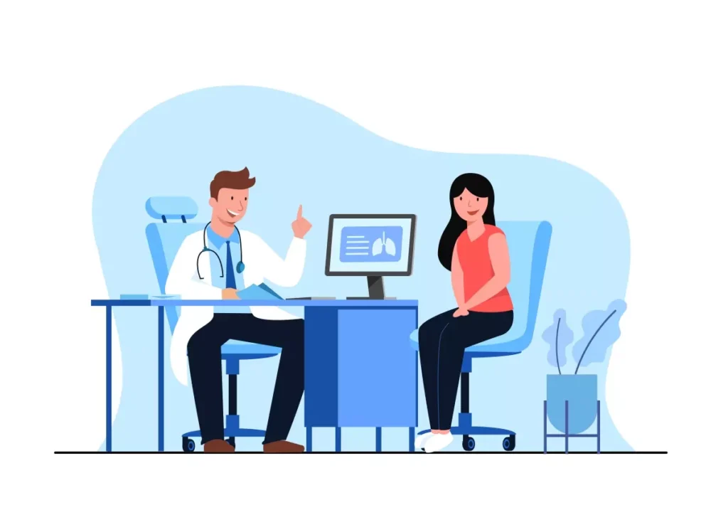 Ilustração de uma perícia médica no emprego doméstico, com médico avaliando uma mulher em consultório, com monitor de exames pulmonares ao fundo.