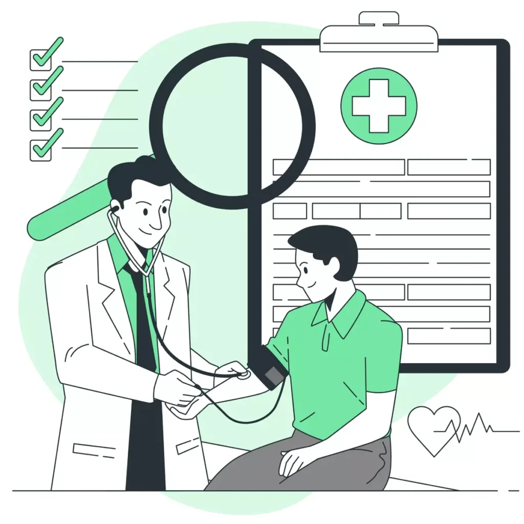 Imagem ilustrativa de perícia médica no emprego doméstico, mostrando médico realizando avaliação de saúde em trabalhador doméstico, com documentos e gráficos de saúde ao fundo.