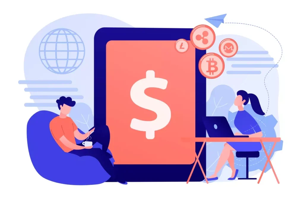 Ilustração digital mostrando pessoas usando dispositivos móveis e computador ao lado de um grande ícone de dólar, representando o tema de parcelamento de FGTS no eSocial.