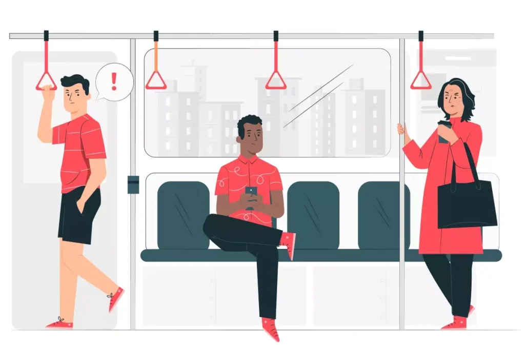 Ilustração sobre a importância de inserir o vale-transporte no eSocial doméstico, mostrando trabalhadores usando o transporte público em um ônibus.