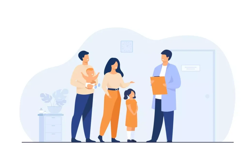 Família com um médico conversando sobre licença-paternidade no eSocial doméstico, enfatizando os direitos do pai na assistência ao filho. Cena moderna e informativa.