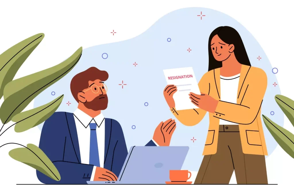 Ilustração de uma mulher entregando pedido de demissão na suspensão de contrato para um homem sentado com laptop, representando o processo de rescisão de contrato de empregada doméstica.