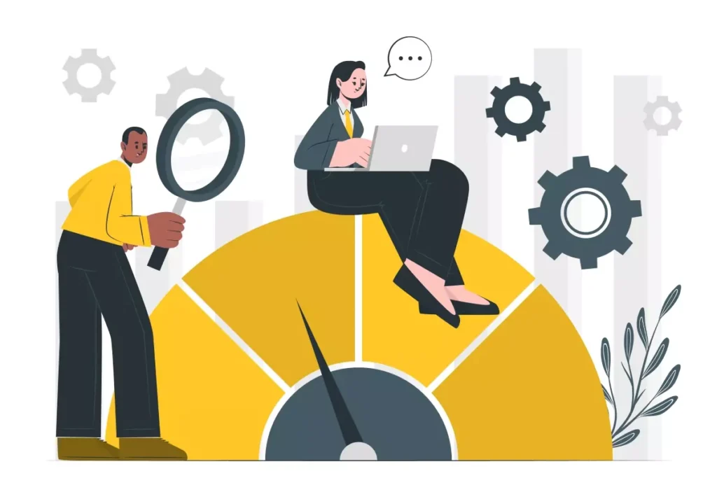 Ilustração de uma pessoa analisando gráficos e porcentagens relacionadas ao percentual de INSS do empregador doméstico, com elementos de engrenagens e uma mulher usando laptop.