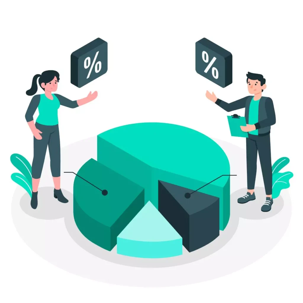 Ilustração representando o percentual de INSS do empregador doméstico, com gráficos de pizza e duas pessoas discutindo sobre o tema.