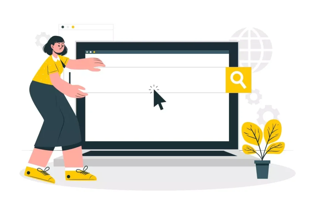 Ilustração de uma pessoa pesquisando no computador sobre prorrogar o recolhimento do FGTS no eSocial doméstico, com foco na busca por informações online.v