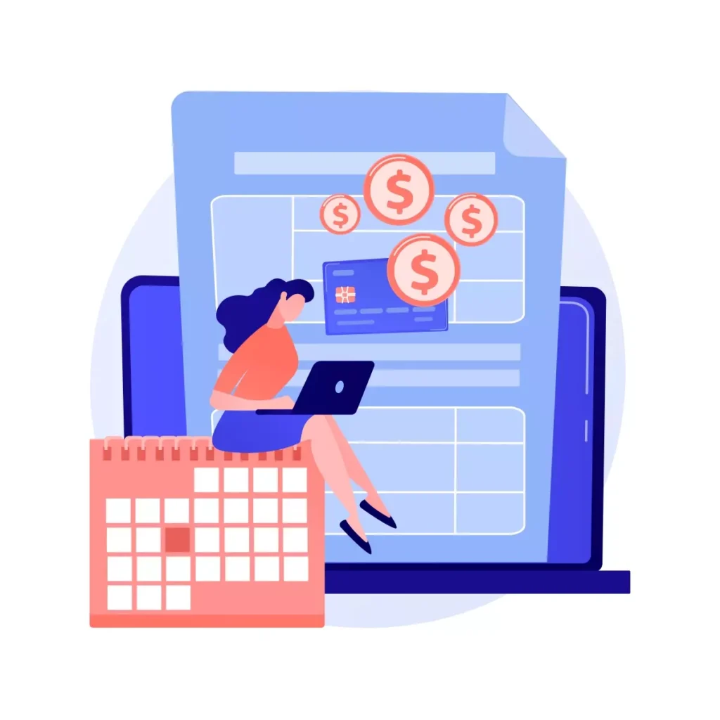 Ilustração representando o cálculo do valor das férias de empregada doméstica, com moedas, cartão de crédito e calendário, destacando o tema de direitos trabalhistas.