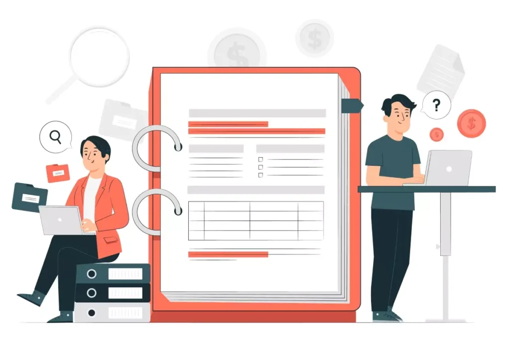 Documentos na rescisão da empregada doméstica, ilustrando uma análise de papel com duas pessoas ao redor, uma com laptop e carimbo, ressaltando a importância de documentos na desligamento profissional.