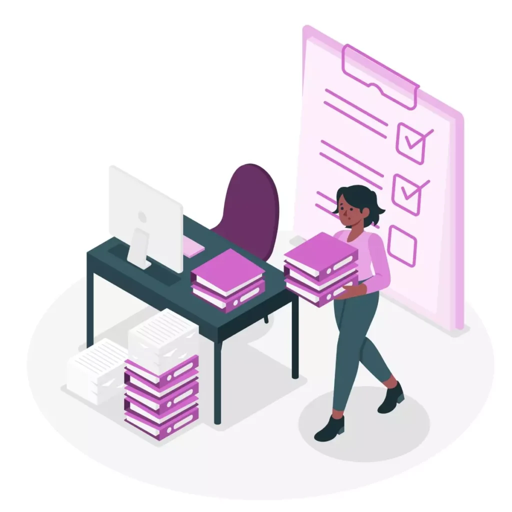 Ilustração de uma mulher organizando documentos de rescisão de emprego doméstico, com uma mesa de escritório cheia de papéis e arquivos roxos, simbolizando os documentos na rescisão da empregada doméstica.