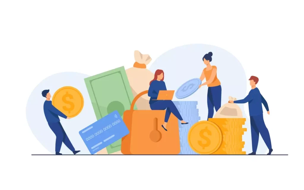 Ilustração mostrando uma doméstica aposentada recebendo seguro-desemprego, com moedas, cartão de crédito e dinheiro ao redor, simbolizando benefícios financeiros para aposentados.