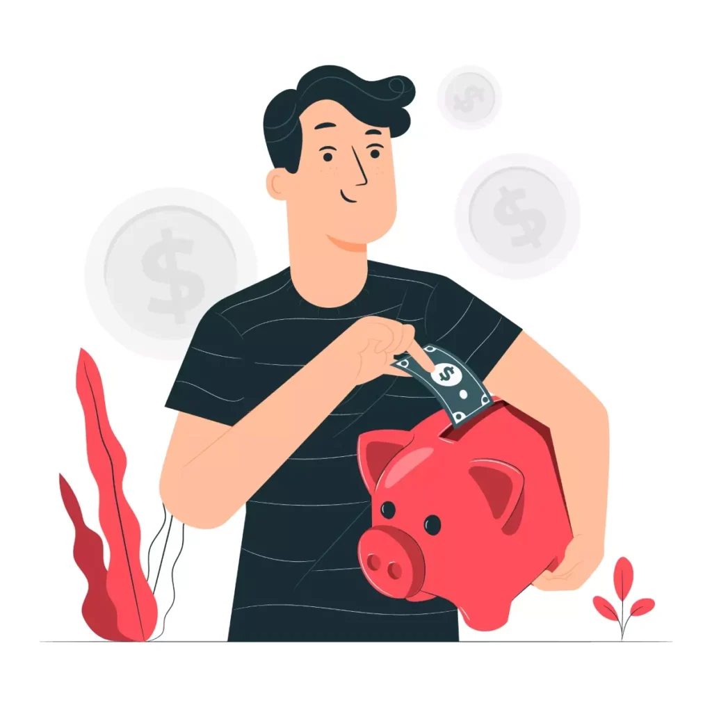 Ilustração de uma aposentada doméstica colocando dinheiro em um cofrinho de porquinho, simbolizando o recebimento de seguro-desemprego.
