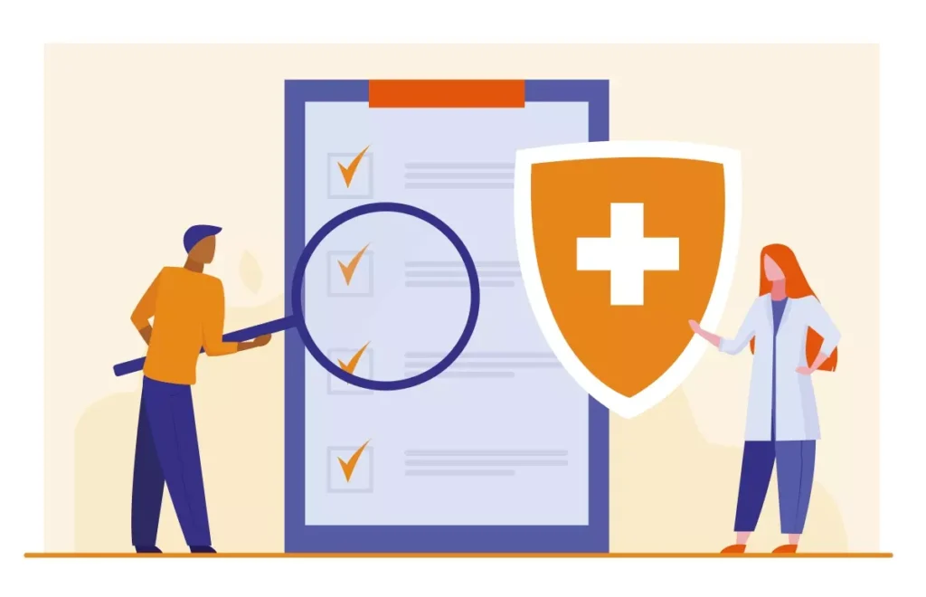 Ilustração mostrando o lançamento de atestado médico de uma doméstica no eSocial, com profissionais  e elementos relacionados à saúde e documentação digital.