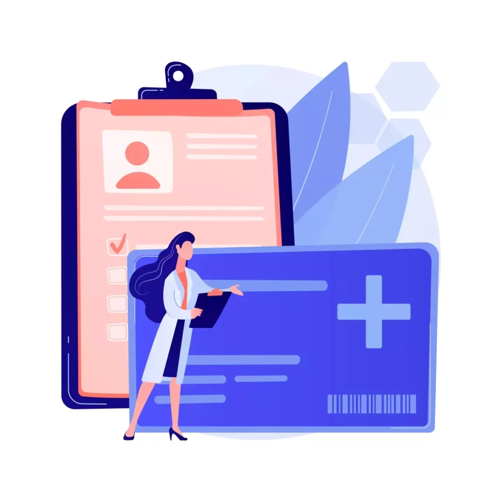 Ilustração de papel de atestado médico e cartão do eSocial para lançar atestado médico da doméstica, com uma profissional de saúde sinalizando as informações.