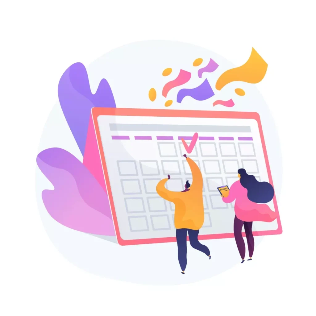 Ilustração de uma empregada doméstica marcando a data de pagamento do 13º salário em uma grande agenda. Representa o planejamento financeiro e direitos trabalhistas.