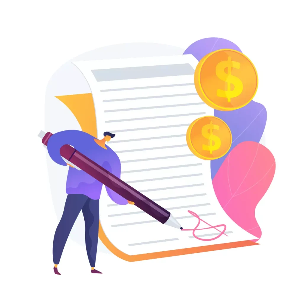 Imagem ilustrativa de uma empregada que trabalha 3 vezes por semana, segurando uma caneta e assinando um documento, com moedas de dólar ao lado. Ideal para anúncios de serviço de empregada doméstica que trabalha três dias por semana.