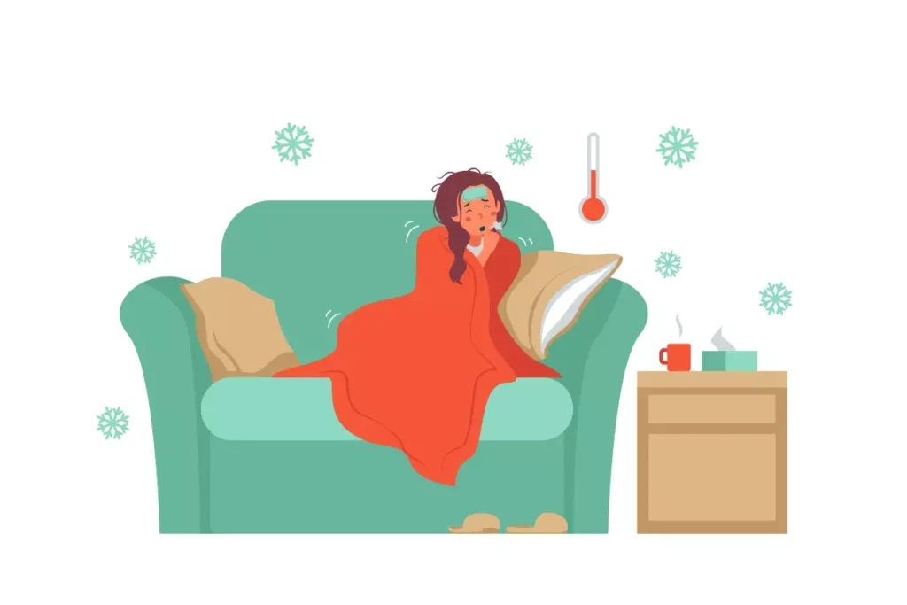 Ilustração de uma senhora doente, deitada no sofá com um pano na cabeça, próxima a uma mesa com chá e lenços, representando afastamento por doença no contexto do eSocial doméstico.