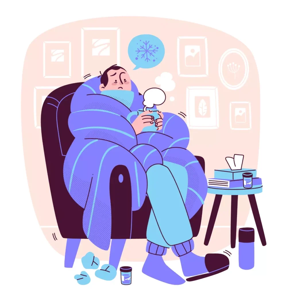 Ilustração de uma pessoa doente descansando em um sofá, com medicamentos ao seu redor, em um ambiente doméstico, relacionada ao lançamento no eSocial de afastamento por doença.