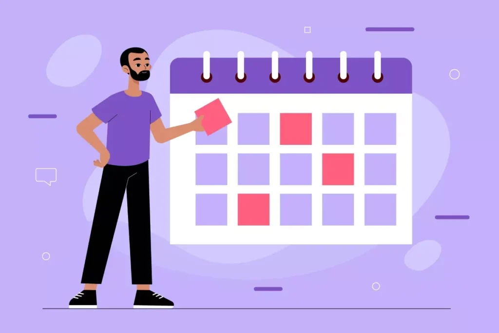 Ilustração de uma pessoa apontando para um calendário, destacando a importância do pagamento da guia DAE pelo empregador, e o que acontece se esse pagamento não for realizado.