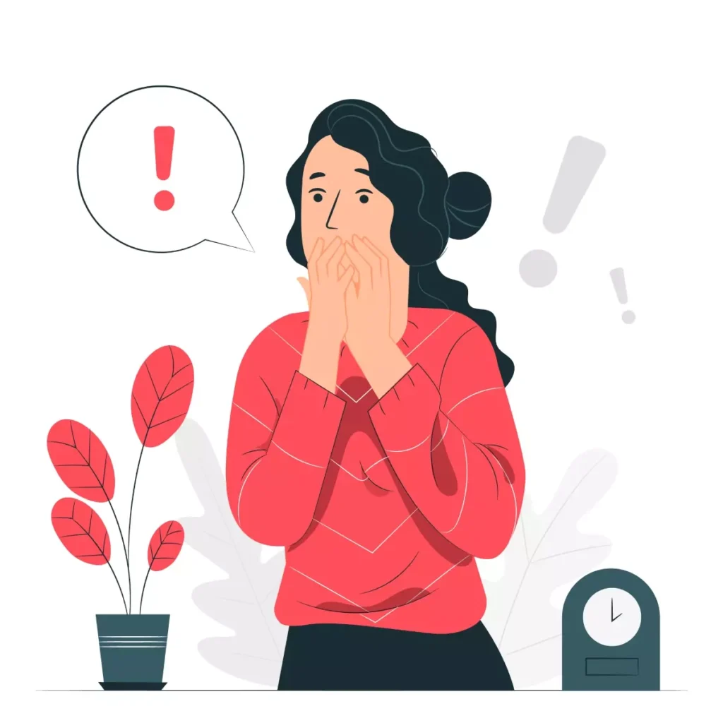 Ilustração de uma mulher preocupada, representando dúvidas sobre consequências de não pagar a guia DAE ao empregador, com sinais de alerta ao redor.