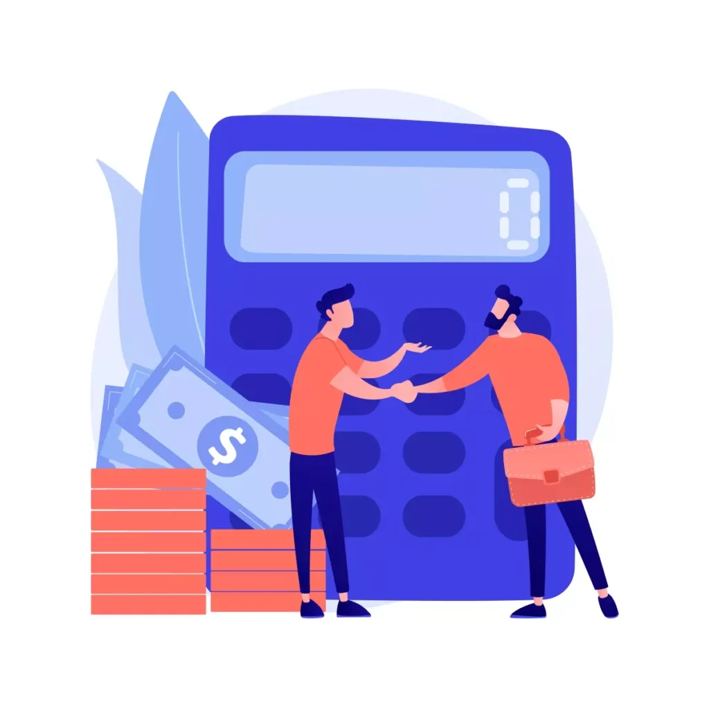 Ilustração de duas pessoas trocando um aperto de mão em frente a uma grande calculadora azul, com pilhas de dinheiro, simbolizando pagamento do FGTS diretamente para doméstica.