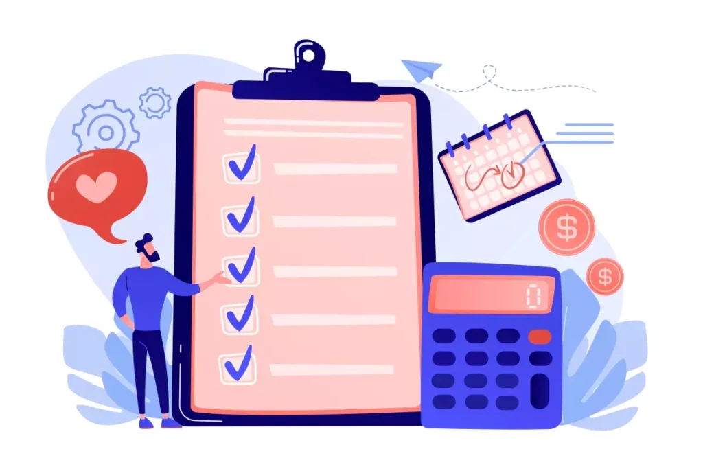 Ilustração de um recibo com cálculo de férias e documentos relacionados, incluindo uma calculadora, calendário de férias, moedas e marcações de conferência.