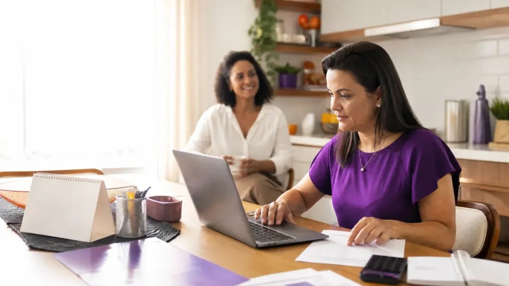 Duas mulheres em uma mesa da cozinha analisando documentos e um notebook, com papéis e calculadora à frente, em um cenário que pode representar recibo e cálculo de férias da empregada doméstica