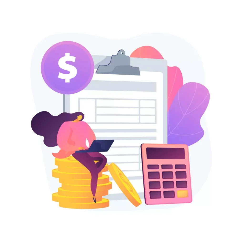 Ilustração de um recibo com cálculo de férias para empregada doméstica, com uma mulher sentada sobre moedas, usando laptop, ao lado de uma calculadora.